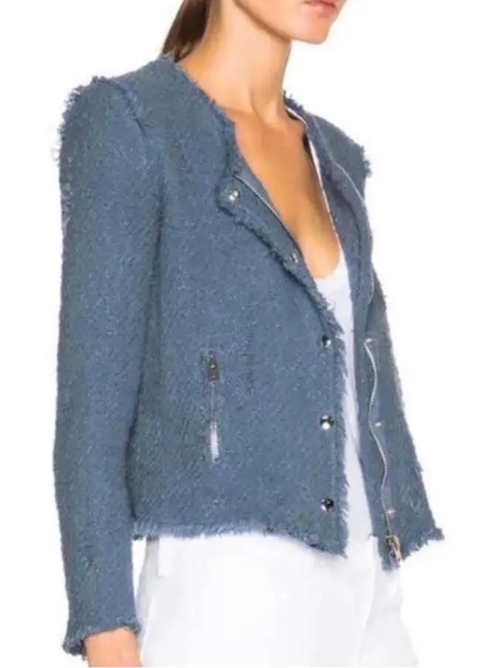 IRO Agnette stone blue distressed tweed cotton moto jacket size 40